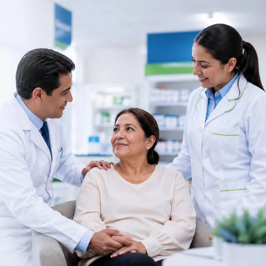 Equipo de farmacia acompañando a una paciente